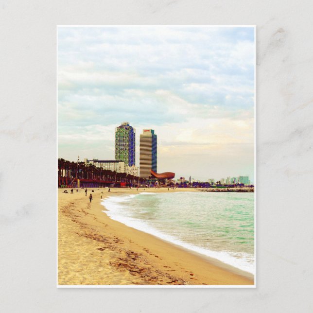 Strand von Barcelona bei Sonnenuntergang Postkarte (Vorderseite)