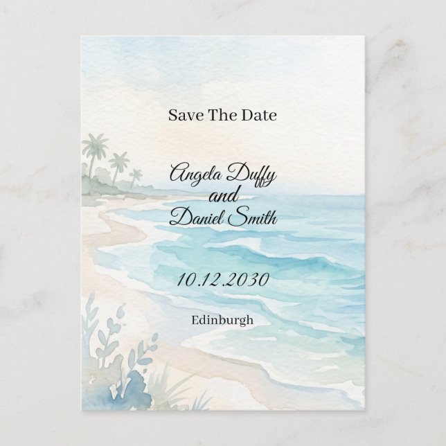 Strand Wasserfarbe Save the Date Postkarte (Vorderseite)