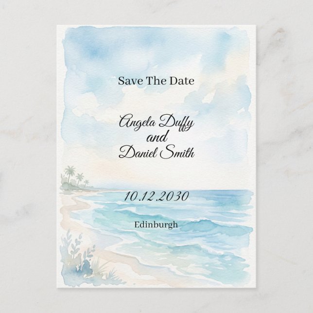 Strand Wasserfarbe Save the Date Postkarte (Vorderseite)