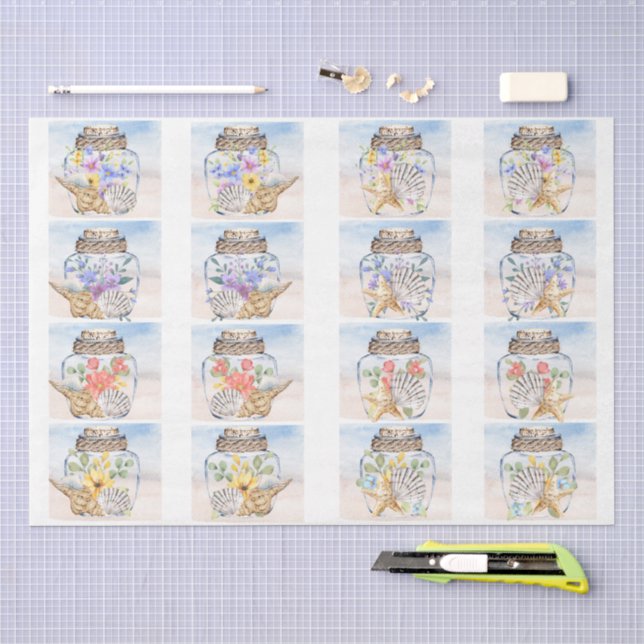 Strand-Wasserfarben-Florals und Muscheln-Decoupage Seidenpapier (Handwerk)