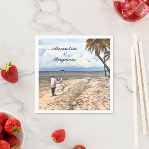 Strand Wedding Bride Groom Wasserfarbe Palm Custom Serviette
