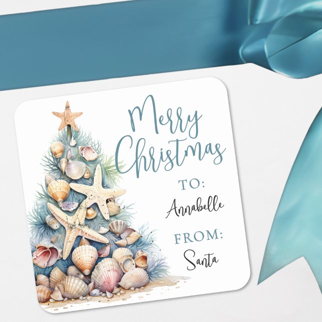 Strand-Weihnachts-Geschenkanhänger-Aufkleber Quadratischer Aufkleber (Beach Christmas Gift Tag Sticker)