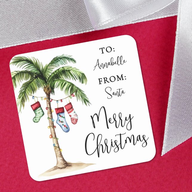 Strand-Weihnachts-Geschenkanhänger-Aufkleber Quadratischer Aufkleber (Palm Tree Tropical Christmas Gift Tag Sticker)
