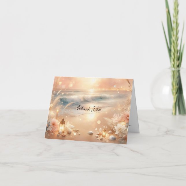 Strandbad Sparkle und Sonnenuntergang Hochzeit Dankeskarte (Vorderseite)