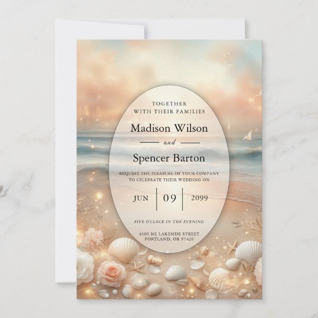 Strandbad Sparkle und Sonnenuntergang Hochzeit Einladung (Vorderseite)