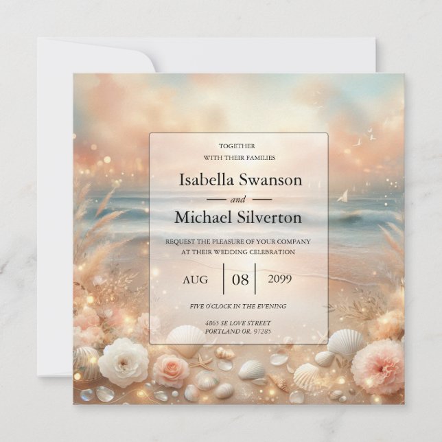 Strandbad Sparkle und Sonnenuntergang Hochzeit Einladung (Vorderseite)