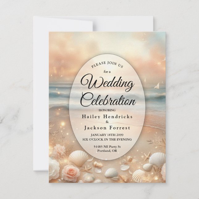 Strandbad Sparkle und Sonnenuntergang Hochzeit Einladung (Vorderseite)