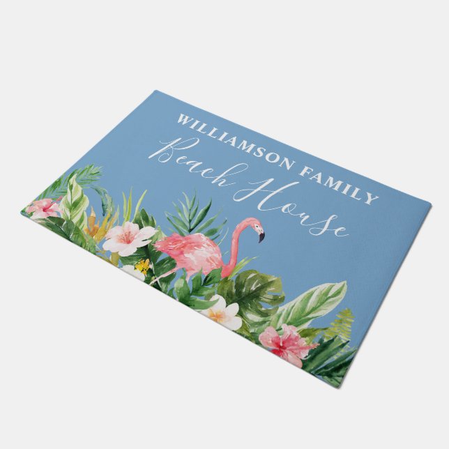 Strandbad Tropical Floral Family Beach House Blau Fußmatte (Schrägansicht)