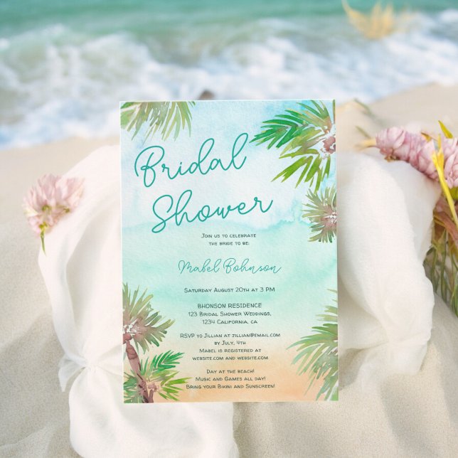 Strandbäume mit tropischen Palmen Brautparty Einladung (Tropical palm trees watercolor beach bridal shower invitation)