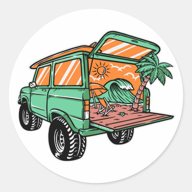Strandblick in der Auto-Illustration Sommerspass Runder Aufkleber (Vorderseite)