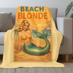 Strandblondine Pin-Up Meerjungfrau   Gelbes Retro  Fleecedecke