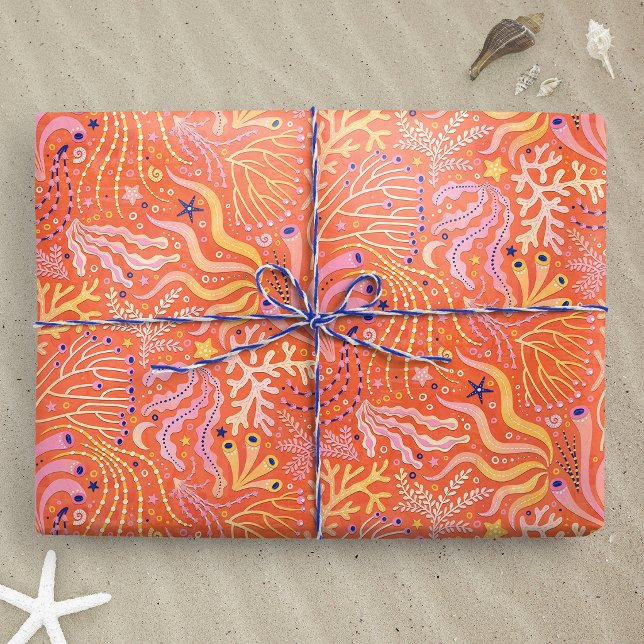 Strandboho-Seegras Orange Geschenkpapier (Beachy Boho Seagrass Orange wrapping paper gift mockup)