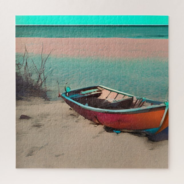 Strandboot am Sandstrand | AI Generated Art (Vertikal)