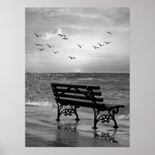 Strandbrücke mit Möwen beim Sonnenuntergang Poster