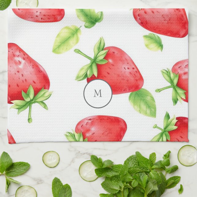 Strandfarbene Erdbeeren im Sommer mit Monogramm Geschirrtuch (Gefaltet)