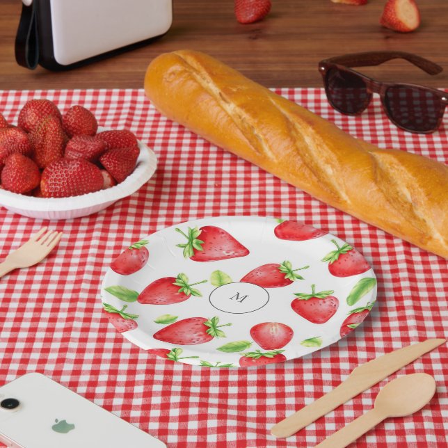 Strandfarbene Erdbeeren im Sommer mit Monogramm Pappteller (Picknick)