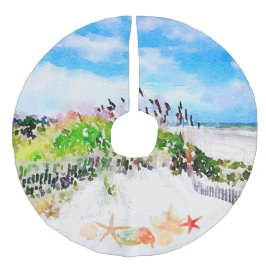 Strandfarbener Ozean und Muscheln Leinenimitat Weihnachtsbaumdecke