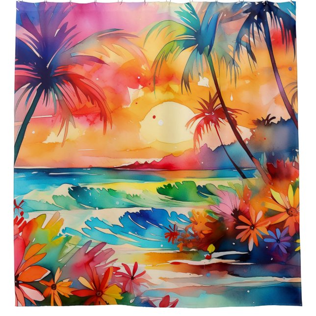 Strandfarbener Sonnenuntergang Tropische Kunst Duschvorhang (Vorderseite)