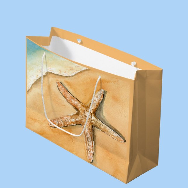 Strandfarbener Starfish Große Geschenktüte (Ocean-inspired charm. Gift bag adorned with watercolor starfish. Perfect coastal touch.)