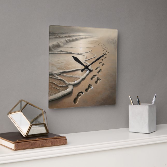 Strandfußabdrücke mit Frosch Quadratische Wanduhr (Büro)