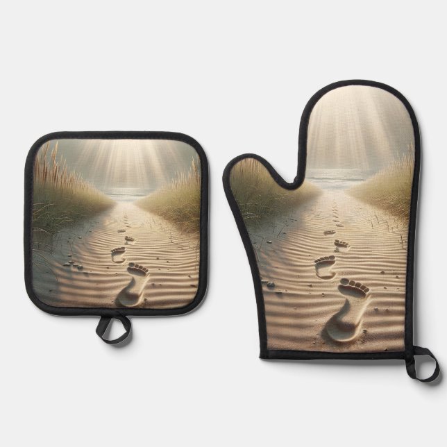 Strandfußabdrücke mit Liegen Ofenhandschuh & Topflappen-Set (Vorderseite)