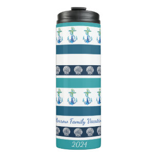 Strandgestreifte blauweiße Familie Thermaltumbler Thermosbecher