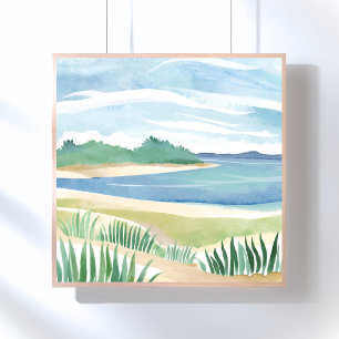Strandgrasbucht   Wasserfarbe Ozean Küstenmeer Poster