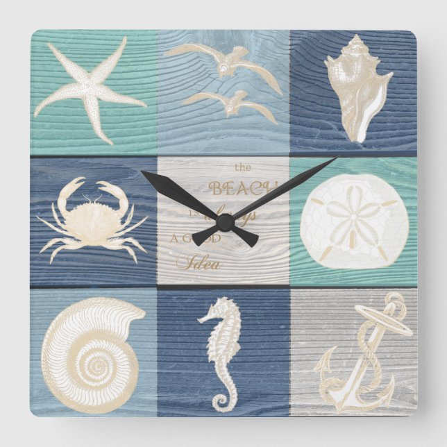 Strandgute Idee Blue Aqua Altes Holzmeer Uhr (Vorderseite)