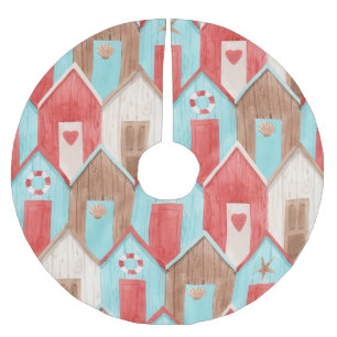 Strandhaus Aquarell: Retromuster. Polyester Weihnachtsbaumdecke