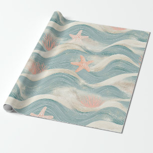 Strandhaus Blau Wellen Sand Seestern Muster Geschenkpapier