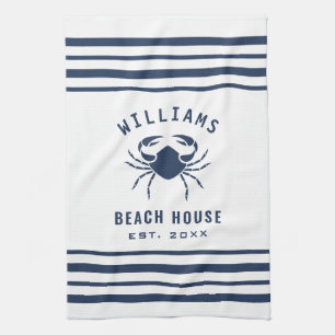 Strandhaus Familienname Krebs Navy Blau und Weiß Geschirrtuch