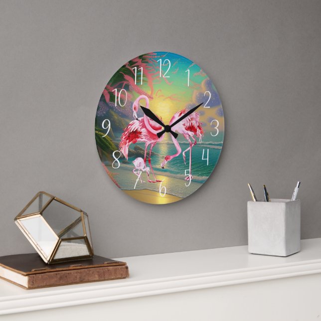 Strandhaus für niedliche Flamingos Große Wanduhr (Büro)