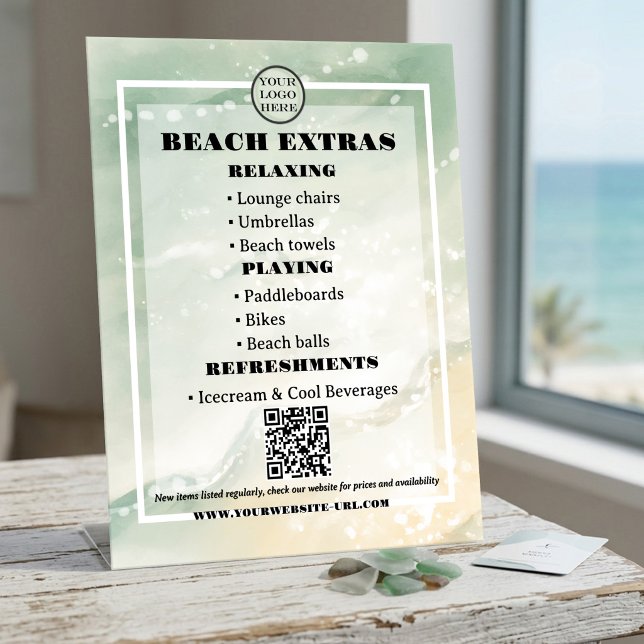 Strandhaus Miet QR Code Sockelschild (Pedestal sign featuring an elegant soft seafoam watercolor design for beach rentals and refreshments)