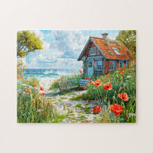 Strandhaus mit Dünen und Mohnblumen