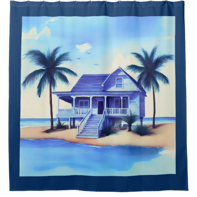 Strandhaus mit Palmen Duschvorhang (Vorderseite)