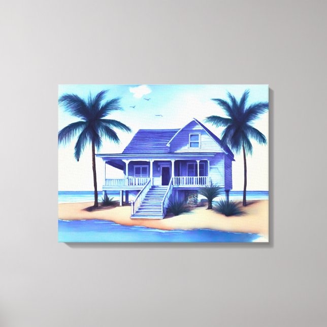 Strandhaus mit Palmen Leinwanddruck (Vorderseite)