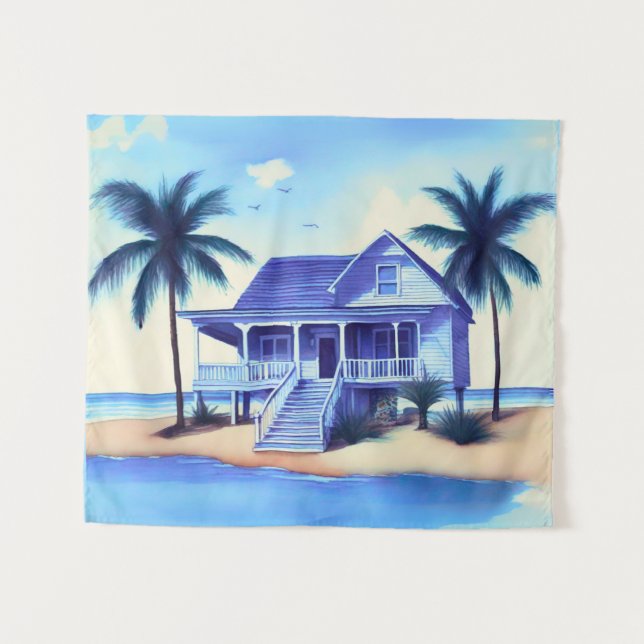 Strandhaus mit Palmen Wandteppich (Vorderseite (Horizontal))