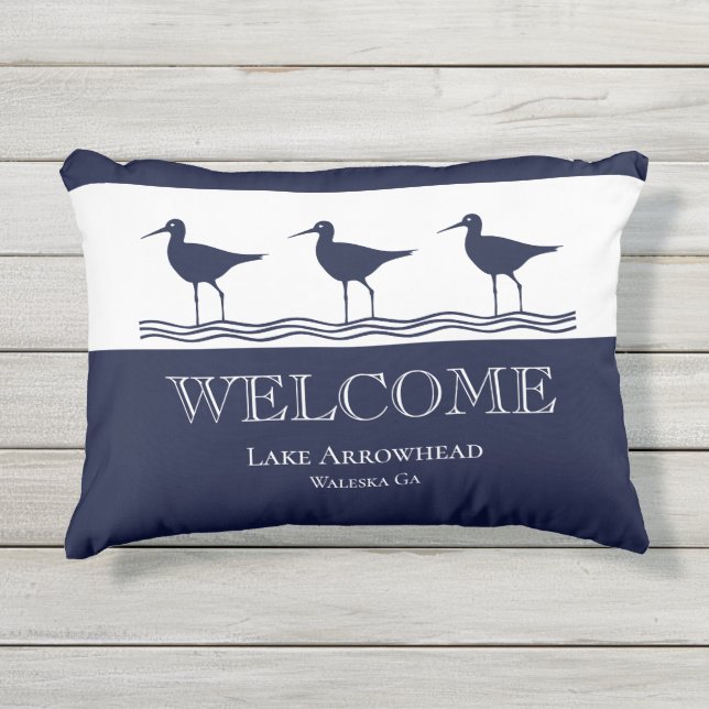 Strandhaus Nautic Navy Blue White Sandpiper Kissen Für Draußen (Vorderseite)