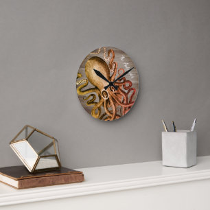 Strandhaus Oktopus Rustikale Nautilische Wandkunst Runde Wanduhr