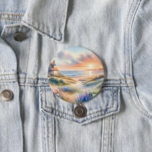 Strandhaus-Sonnenuntergang-Dünen Aquarell Button