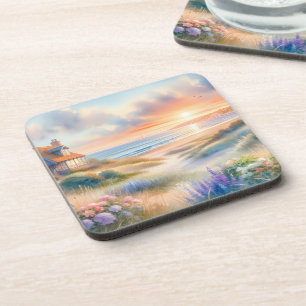 Strandhaus-Sonnenuntergang-Dünen Aquarell Getränkeuntersetzer