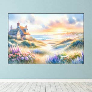 Strandhaus-Sonnenuntergang-Dünen Aquarell Leinwanddruck