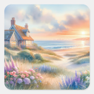 Strandhaus-Sonnenuntergang-Dünen Aquarell Quadratischer Aufkleber
