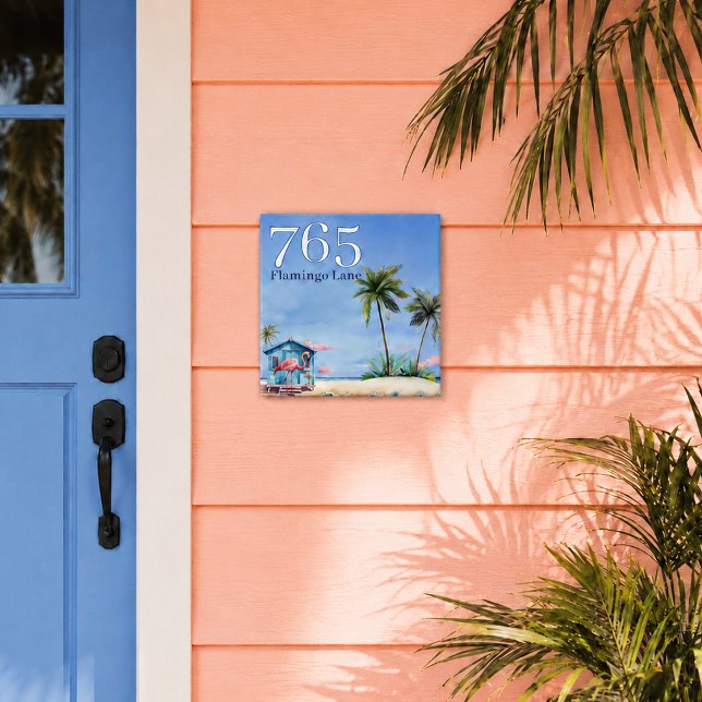 Strandhaus-Straßennummer Name Küste Fliese (custom beach house number and street name ceramic tile displayed at tropical cottage door)