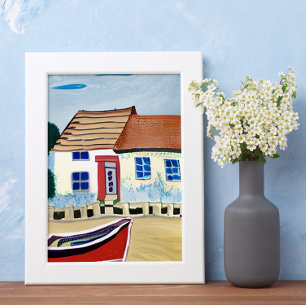 Strandhaus und Boot auf sandigem Strand Poster