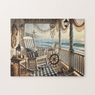 Strandhaus-Veranda mit nautischem Ozeanblick