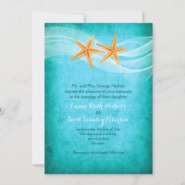 Strandhochzeit am türkisfarbenen Starfish Paar Einladung (Vorderseite)