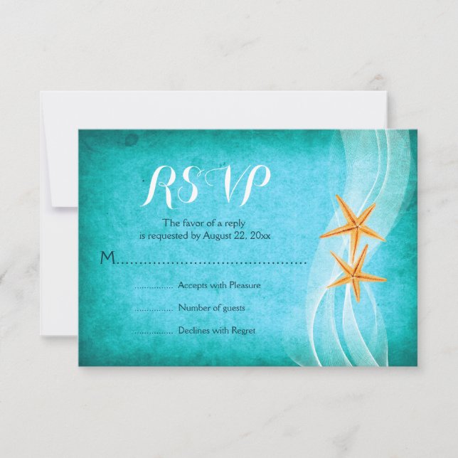 Strandhochzeit am türkisfarbenen Starfish Paar RSVP Karte (Vorderseite)