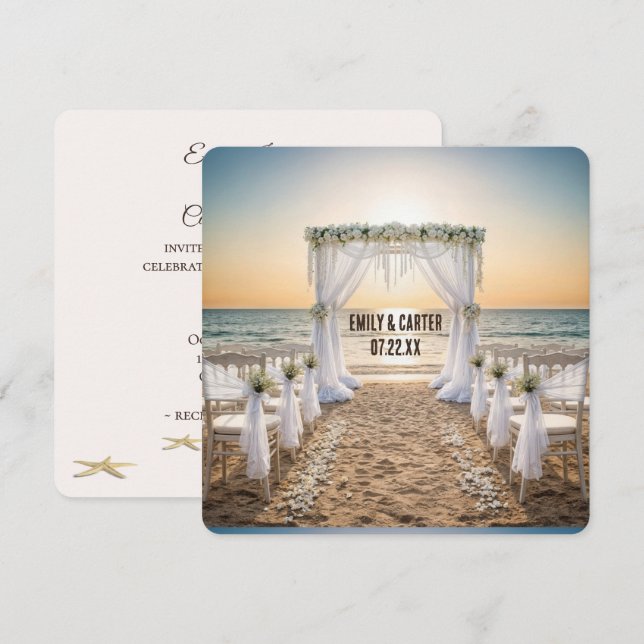 Strandhochzeit bei Sonnenuntergang mit Brautbogen Einladung (Vorne/Hinten)