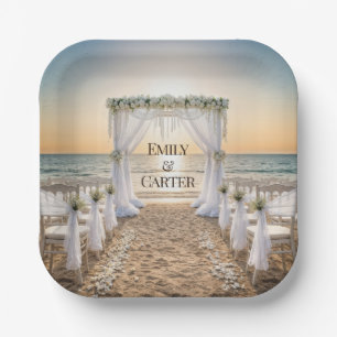 Strandhochzeit bei Sonnenuntergang mit Brautbogen Pappteller